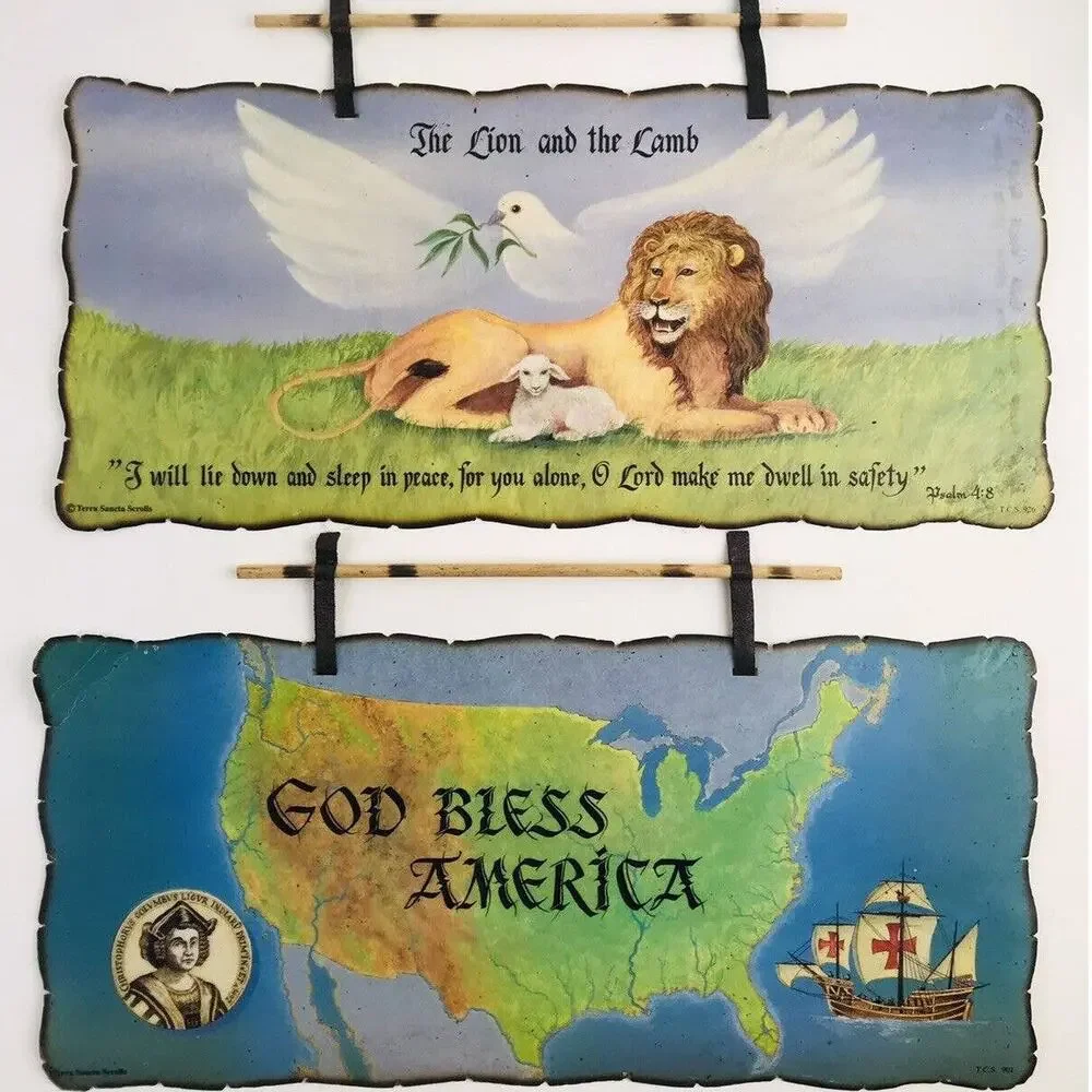 2 Hand made TERRA SANCTA SCROLLS Lion Lamb God Bless America Safety 901 926 Sea